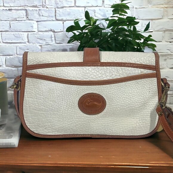 Dooney & Bourke Vintage Small Equestrian Tack Bag White AWL British Tan Trim - Picture 3 of 15
